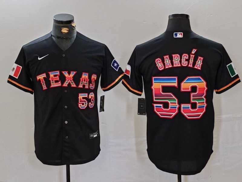 Mens Texas Rangers #53 Adolis Garcia Black Rainbow Mexico Cool Base Stitched Jersey Dzhi